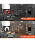 5MP PtZ Security Camera With E27 Bulb Socket Dual Band Wifi showing infrared and color night vision features in a room setting.