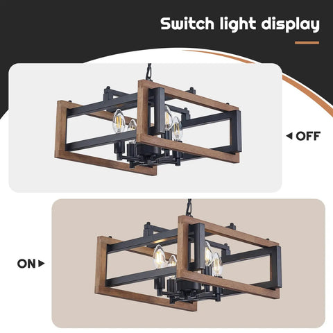 Dope Farmhouse 4 Light Adjustable Chandelier For Dining Room And Kitchen Island Rustic Hanging Light Fixture With Matte Black Metal Body And 4 Candle Arm Lights Ideal For Entryway Foyer Living Room Wood Finish