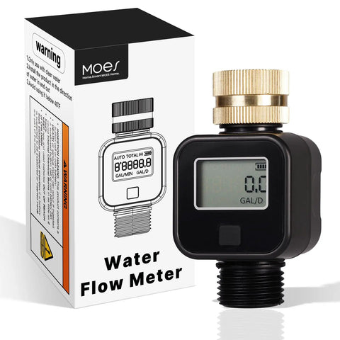 Water Flow Meter With Brass Inlet For Hose And RV Tank Fill Outdoor Garden Watering And Sprinkler Nozzles Tracks Gallons And Liters Shows Precise Flow Rate With Hall Sensor Durable Metal Thread displayed with packaging.