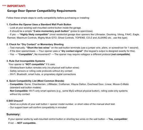 Garage Door Opener Compatibility Requirements with steps for confirming standard wall push button, checking dry contact, and system rulings.