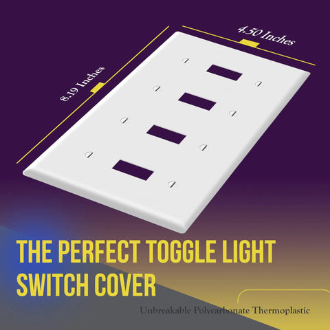 Quad Light Switch Wall Plate 4-Gang Standard Size 4.50 By 8.19 Inches Built To Last Heavy-Duty Unbreakable Polycarbonate Thermoplastic White 8814-W UL94 Rated Heat And Fade Resistant, angled view with dimensions.