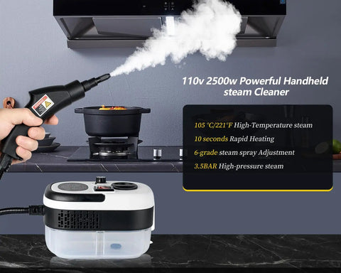 7 In 1 Handheld Steam Cleaner With 2500W High Pressure for deep cleaning, emitting steam from the nozzle in a kitchen setting.