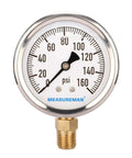 MeasureMan 2-1/2 in glycerin-filled plumbing pressure gauge, 0-160 psi, stainless steel case, 1/4 in NPT lower mount