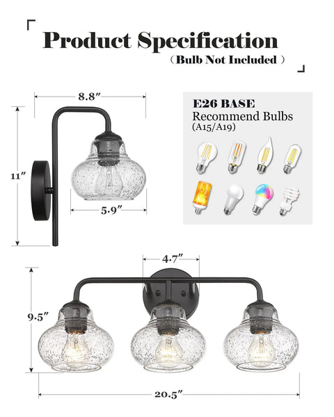 Rustic Wall Sconces Set Of 2 With Hand Blown Bubble Glass Shades, bulb specifications shown in diagram with fixture dimensions