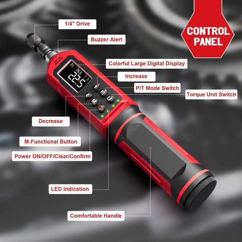 One Quarter Inch Digital Torque Screwdriver With Bright Colorful Large Display, 0.4 To 26.6 Inch Pounds Range, High Precision Pro Grade Plus Or Minus One Percent, Easy Readout For Precision Electronics And Tiny Builds, red handle