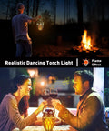 2 Pack Outdoor Bluetooth Speakers With LED Flame Flickers used for patio and yard parties, showing torch light effect in evening.