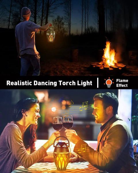 2 Pack Outdoor Bluetooth Speakers With LED Flame Flickers used for patio and yard parties, showing torch light effect in evening.