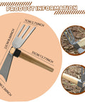 All Purpose Garden Hoe And 2-In-1 Digging Fork with wooden handle, carbon steel blade, 3-prong tine, shown with dimensions.
