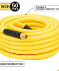 Heavy Duty 1/2 Inch By 50 Foot Hybrid Air Compressor Hose With 1/2 In Mnpt Ends And Bend Restrictors, yellow spiral.