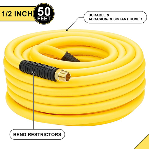 Heavy Duty 1/2 Inch By 50 Foot Hybrid Air Compressor Hose With 1/2 In Mnpt Ends And Bend Restrictors, yellow spiral.
