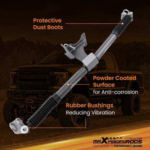 Dual Steering Stabilizer For Ford F 250 F 350 Super Duty 4WD Lifted Trucks, displayed with durability features highlighted.