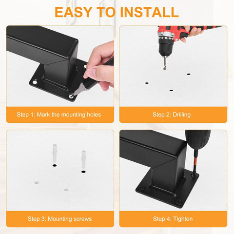 Installation steps for Rock Solid 15 Feet Square Tube Handrail Wall Mount Industrial Staircase Rail showing marking and drilling.