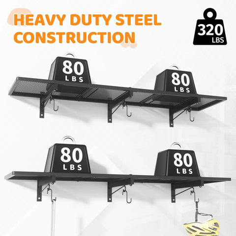 Two Pack Heavy Duty Garage Wall Shelves Set wall mounted floating storage racks, black steel, 12x46.2 in, 320 lb capacity