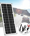 100W Semi Flexible Monocrystalline Solar Panel USB Output For Off-Grid Power with accessories, car driving in background