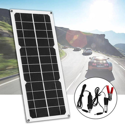 100W Semi Flexible Monocrystalline Solar Panel USB Output For Off-Grid Power with accessories, car driving in background