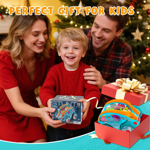 Family gifting Transparent 360 Degree Light Up Music Stunt Car for Autism Sensory Play to a child, colorful box visible