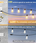 Comparison of Lit Outdoor String Lights 200Ft Waterproof With 104 LED Filament Bulbs showing socket spacing and extension cord use