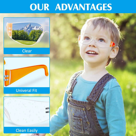 Child wearing 12 Pcs Kids Safety Goggles Bulk Eye Protection For Science Class Lab And Sports Youth Size Multicolor Scratch Resistant