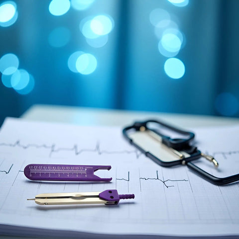 Purple ECG Calipers Measuring Tool For Nurses And Docs on ECG sheet with blurred lights in background, compact for precise readings.