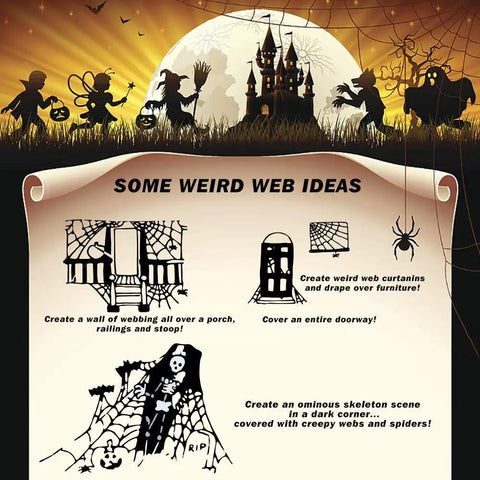 Ideas for using 1000 Square Feet Spider Web Halloween Decor with 30 Fake Spiders White Cobweb Mesh for spooky decorations.