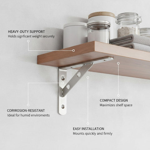 Heavy Duty 304 Stainless Steel L Shape Wall Shelf Bracket For Kitchen Bathroom And Garage, silver bracket holding wooden shelf