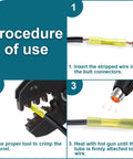Procedure of use for 60 Pieces Heat Shrink Butt Connectors For 12 To 10 AWG Wiring Insulated Waterproof Marine And Automotive Connectors With Pro Grade Tinned Copper Barrel And Polyolefin Tubing Built For Durability Yellow.