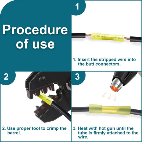 Procedure of use for 60 Pieces Heat Shrink Butt Connectors For 12 To 10 AWG Wiring Insulated Waterproof Marine And Automotive Connectors With Pro Grade Tinned Copper Barrel And Polyolefin Tubing Built For Durability Yellow.