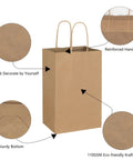 Bulk Brown Kraft Paper Bags With Handles 100 Pack Small Gift Bags 5.25 By 3.25 By 8.25 Inches Durable 110 Gsm
