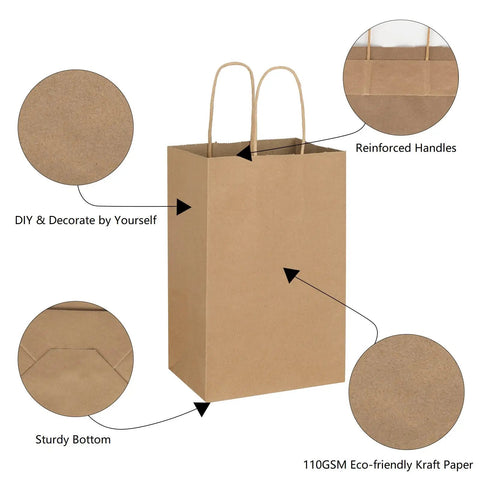 Bulk Brown Kraft Paper Bags With Handles 100 Pack Small Gift Bags 5.25 By 3.25 By 8.25 Inches Durable 110 Gsm