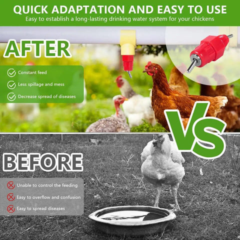 Screw Style Automatic Chicken Waterer Nipples 30 Pack comparison showing effective water system vs traditional bowl for poultry.