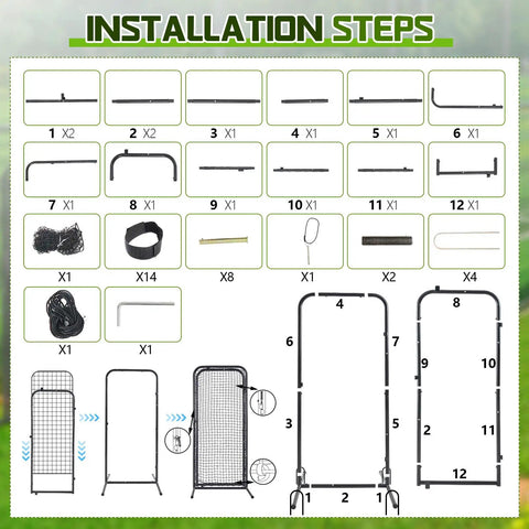 Installation steps for Heavy Duty Batting Cage Door 2.8 By 6.3 Ft Freestanding Steel Frame Entry Gate with Net shown in 12 parts.