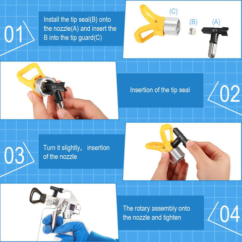 Step-by-step guide for using 8 Piece Airless Paint Sprayer Tips Set For Home DIY Projects, Compatible With 211 215 311 315 415 417 515 517