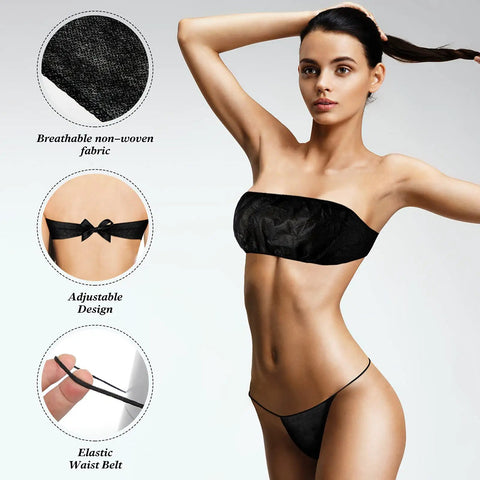 Model wearing 100-Piece Women Disposable Underwear Set With Disposable Bras And Black Thong Panties For Spa Or Salon Use
