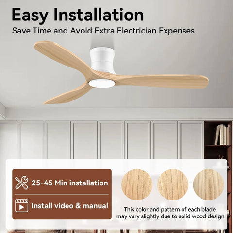 52 Inch Wood Flush Mount Ceiling Fan With Lights And Remote installed on ceiling, showing easy installation and solid wood design.