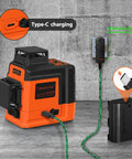 12 Line Laser Level Self Leveling 3x360 Degree 3D Green Cross Lines with Type-C charging and cable connection visible