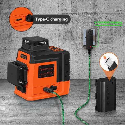 12 Line Laser Level Self Leveling 3x360 Degree 3D Green Cross Lines with Type-C charging and cable connection visible