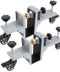 Heavy Duty Door Lifter Dolly Twin Pack For Doors From One And Three Eighths Inches To Two And One Half Inches Prehung Slab Front Steel Doors Installation Tools For Commercial And Residential Use showing two steel lifters with wheels and adjustable knobs.