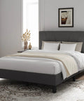 Rock Solid Upholstered King Bed Frame With Adjustable Headboard And Soft Grey Linen, Wood Slat Support, No Boxspring Needed, Quick Assemble, Bedroom Glow Up in a bright bedroom setting.