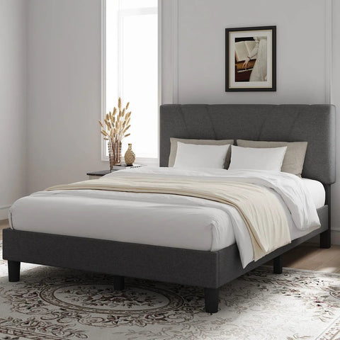 Rock Solid Upholstered King Bed Frame With Adjustable Headboard And Soft Grey Linen, Wood Slat Support, No Boxspring Needed, Quick Assemble, Bedroom Glow Up in a bright bedroom setting.