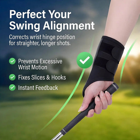 Golf Wrist Training Aid Wrist Brace To Fix Wrist Angle And Alignment For A Clean Swing Game Changer, shown in use on wrist.