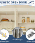 Open cabinet with Magnetic Push Latches 8 Pack Hidden Push To Open Cabinet Hardware, showcasing plates and glasses on shelves