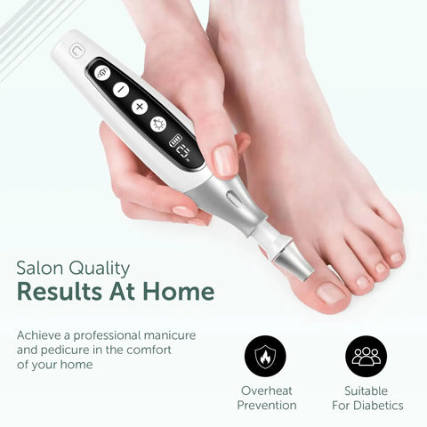 No Sweat Cordless Electric Nail File Drill Kit With Salon Grade Manicure Pedicure Set For Stubborn Toenails in use on foot.