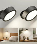 Cordless Led Wall Sconce With Rechargeable Battery Dimmable Touch And Remote Controls Three Warm To Cool Temperatures 360 Degree Rotation Zero Drilling Renter Ready Upgrade That Goes Hard For Bedroom Bedside Vibes Black Pack Of Two mounted on the wall, showcasing two angles with soft ambient lighting.