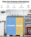 Compact Twin Tub Portable Washing Machine With Separate Wash And Spin Dryer Dual Timer Knobs Auto Drain Pump Fits Any Small Room Light Grey White shown in laundry area with clothes.