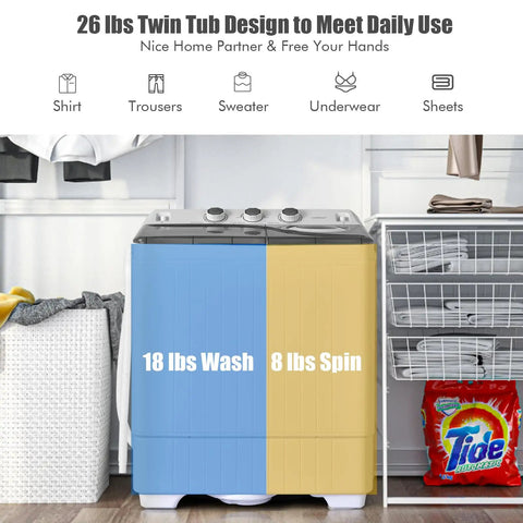 Compact Twin Tub Portable Washing Machine With Separate Wash And Spin Dryer Dual Timer Knobs Auto Drain Pump Fits Any Small Room Light Grey White shown in laundry area with clothes.