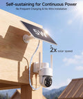 Solar Powered Cellular Security Camera With Dual Wifi And 4G LTE Connectivity For Wireless Outdoor Surveillance Featuring No Fuss Installation And Holds Its Ground Anywhere mounted on wood with solar panel.