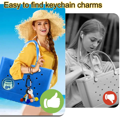Key Holder Insert Charm Carabiner for Bogg Bag Beach Tote, vibrant blue tote with charm and smiling woman in straw hat
