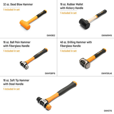 Five Piece Hammer Set With Foam Storage Tray Do It All Home Garage Diy Kit Featuring Rubber Mallet Soft Face Hammer Dead Blow Ball Pein Hammers