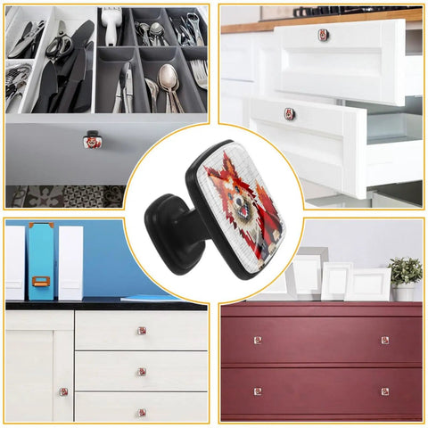 Hella Sturdy Glass Square Cabinet Knobs Set Of 4 Packed With A Sharp Red Dog Graphic And Durable Abs Frame Plus Matched Stainless Screws For A Smooth Zero Hassle Kitchen Upgrade displayed on various cabinets and drawers.