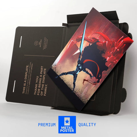 Heavy Duty Rust Resistant Steel Wall Print Featuring Badass Fantasy Warrior Perfect For Dope Gaming Den Or Dorm Room Makeover With Simple Magnetic Mount For Fast No Drill Installation on a display.